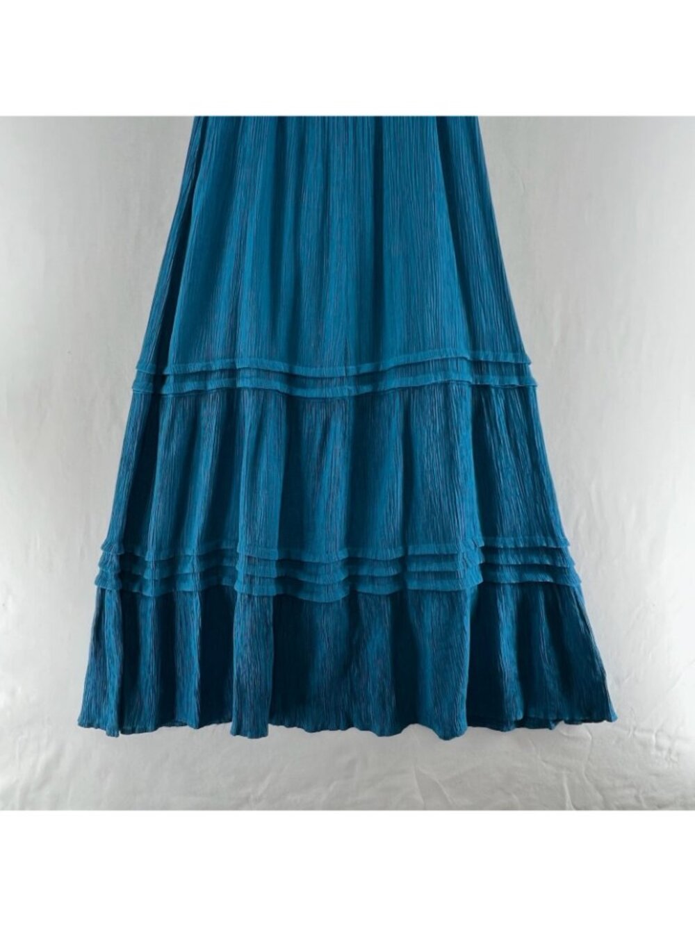 Max + Ash Crinkle Gauze Tiered Maxi Dress Womens S Smocked Puff Sleeve Teal Blue - Picture 6 of 14